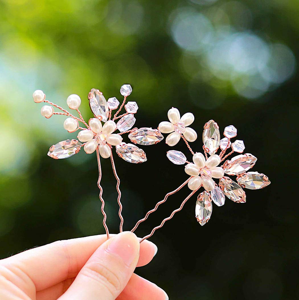 Catery Flower Bride Wedding Hair Pins Crystal Pearl Hair Set Jewelry Headpieces Bridal Decorative Hair Accessories for Women Pack of 2 (Rose Gold)