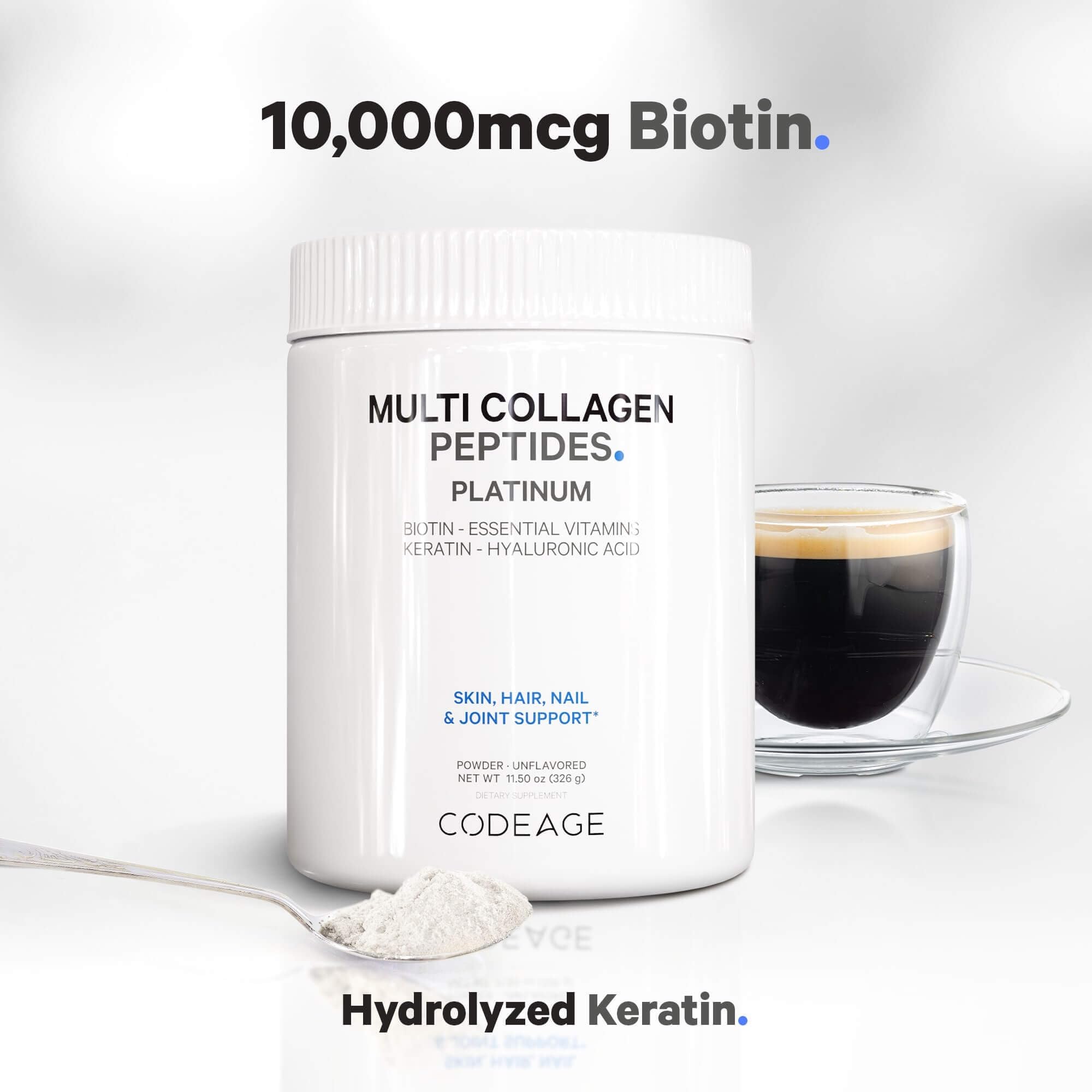 Codeage Multi Collagen for Women & Men Biotin 10000mcg Keratin, Protein Powder Vitamin C B6 D3, Hyaluronic Acid, Niacin - Hydrolyzed Collagen Coffee Creamer 5 Types - Unflavored - Non-GMO - 11.5oz