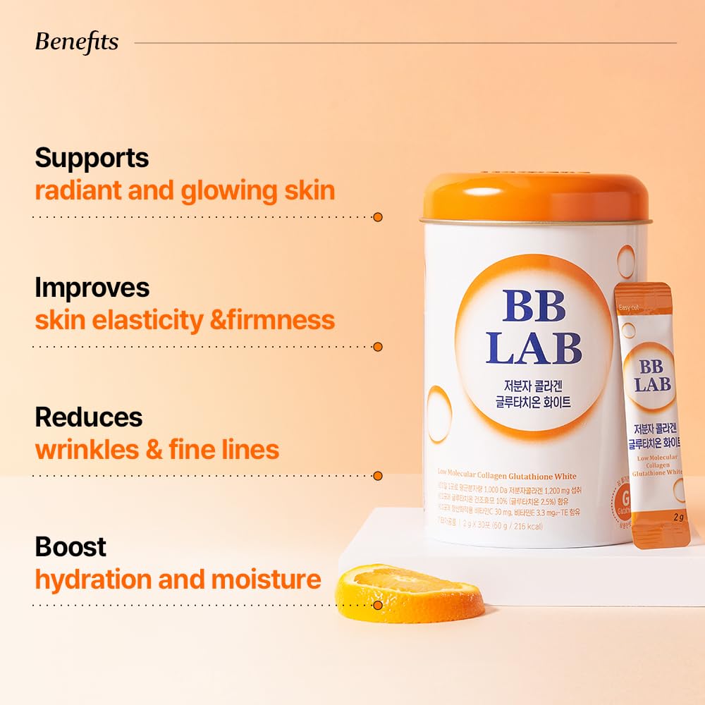 BB LAB Collagen Glutathione White, Low Molecular Korean Collagen & Glutathione Stick Supplement, Fish Collagen Peptides, Vitamin C, Vitamin E, Glutathione, Fast abosorption, Orange Flavor