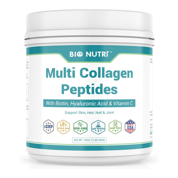BIO NUTRI Collagen Peptides - Multi Collagen Peptides with 5 Types - Hydrolyzed Collagen Peptides Powder with Biotin & HA - Support for Hair, Skin, Nails & Joints