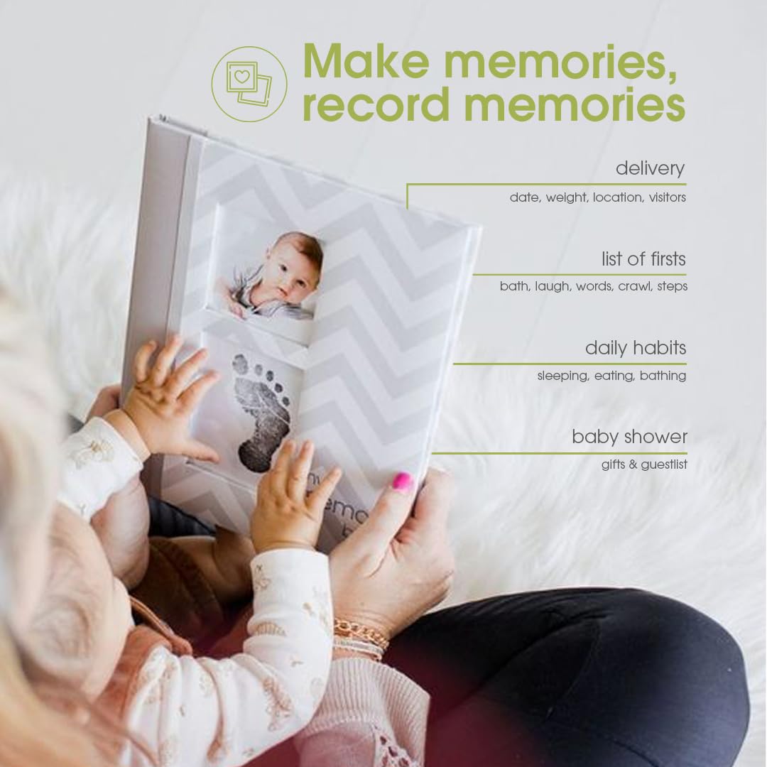 Pearhead First 5 Years Chevron Baby Memory Book, Clean-Touch Safe Ink Pad for Baby’s Handprint or Footprint, Gender Neutral Milestone And Pregnancy Gray