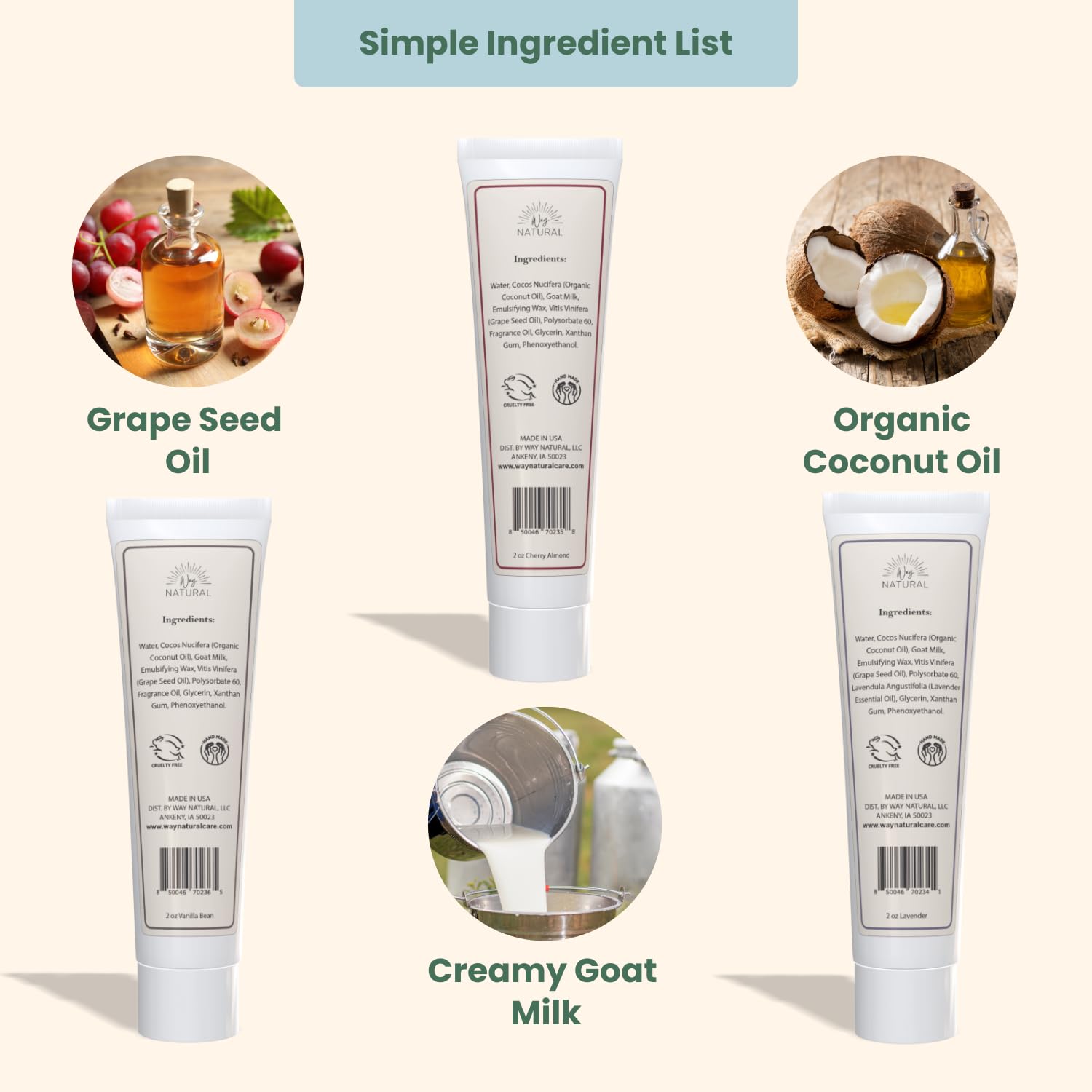 Way Natural Goat Milk Lotion, Variety - Body & Hand Lotion Set - Dry Skin Relief, USA Made - Goat Milk Hand Cream for Women & Men - Lavender, Cherry Almond, Vanilla Bean - 3 (2oz) Tubes