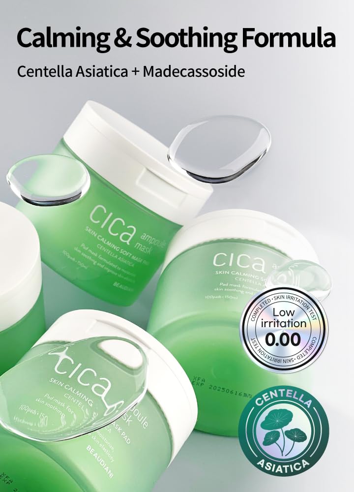 BEAUDIANI CICA ampoule mask 100ea, Skin Care pad, Korean Toner Pads, centella asiatica Toner pad, Hydrating, Facial Essentials, Quick Calming, Reduce hot Flush, Nutrition for Irritated Skin