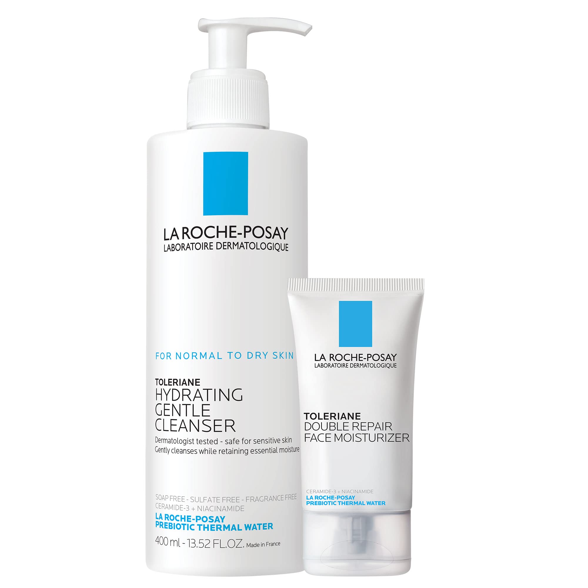 La Roche-Posay Toleraine Skin Care Set, Double Repair Face Moisturizer 40ml & Hydrating Gentle Cleanser 400ml, Oil Free Moisturizer & Face Wash, Formulated with Niacinamide
