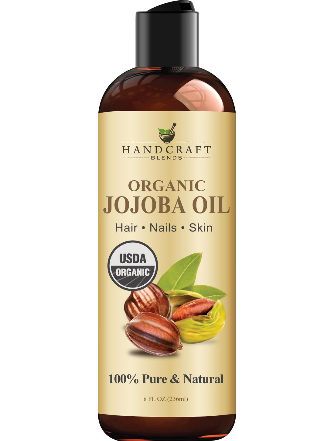 Handcraft Blends USDA Organic Jojoba Oil - Cold-Pressed 8 Fl Oz - 100% Pure and Natural - Premium Grade Carrier Oil for Skin and Hair - Hair and Body - Massage - Hexane-Free