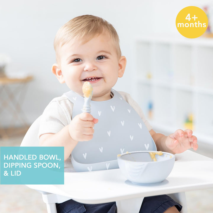 Bumkins Baby Bowl, Silicone Feeding Set with Suction for Baby and Toddler, Includes Spoon and Lid, First Feeding Set, Training Essentials for Baby Led Weaning for Babies 4 Months Up, Gray