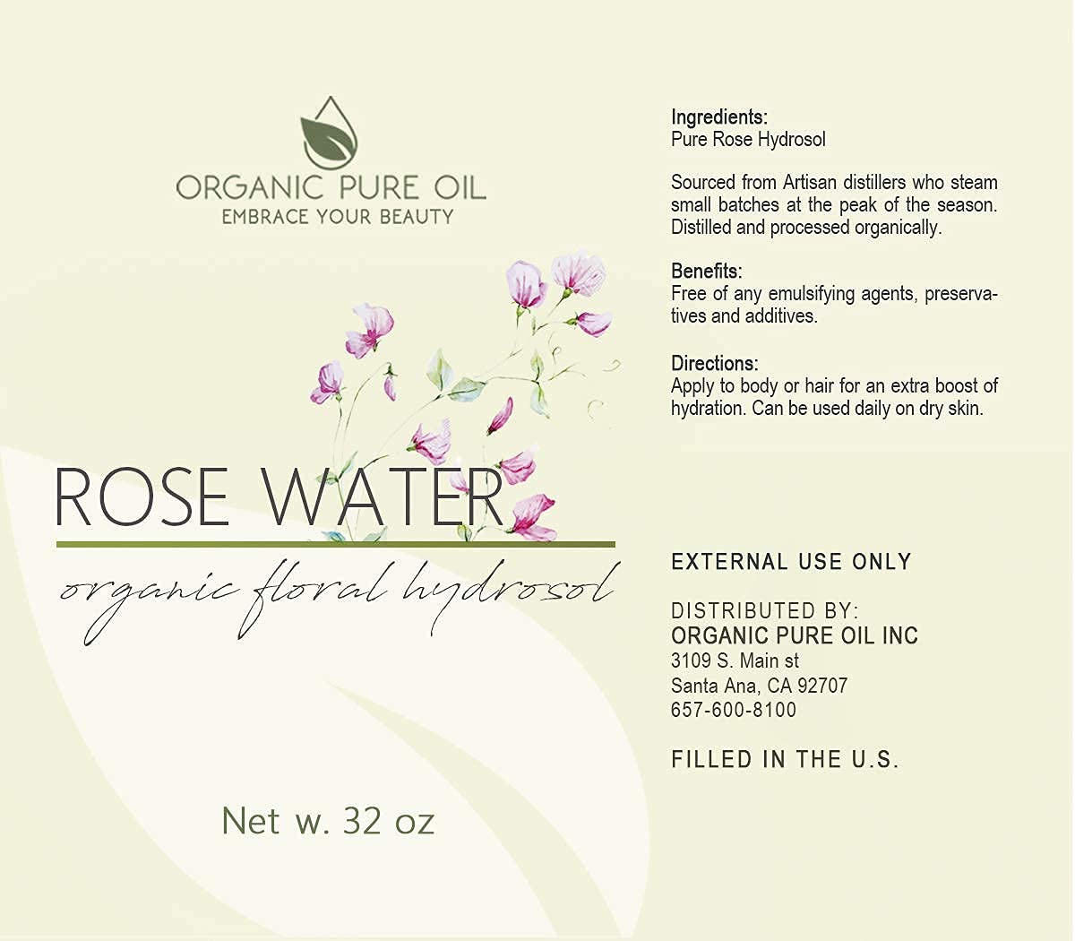 Rose Hydrosol Water - 32 oz - Pure Rose Hydrosol – Hydrating Face Toner Rose Water for Skin and Hair, Linen Spray for Sheets, Room Freshener, Body Spray by Organic Pure Oil - Packaging May Vary