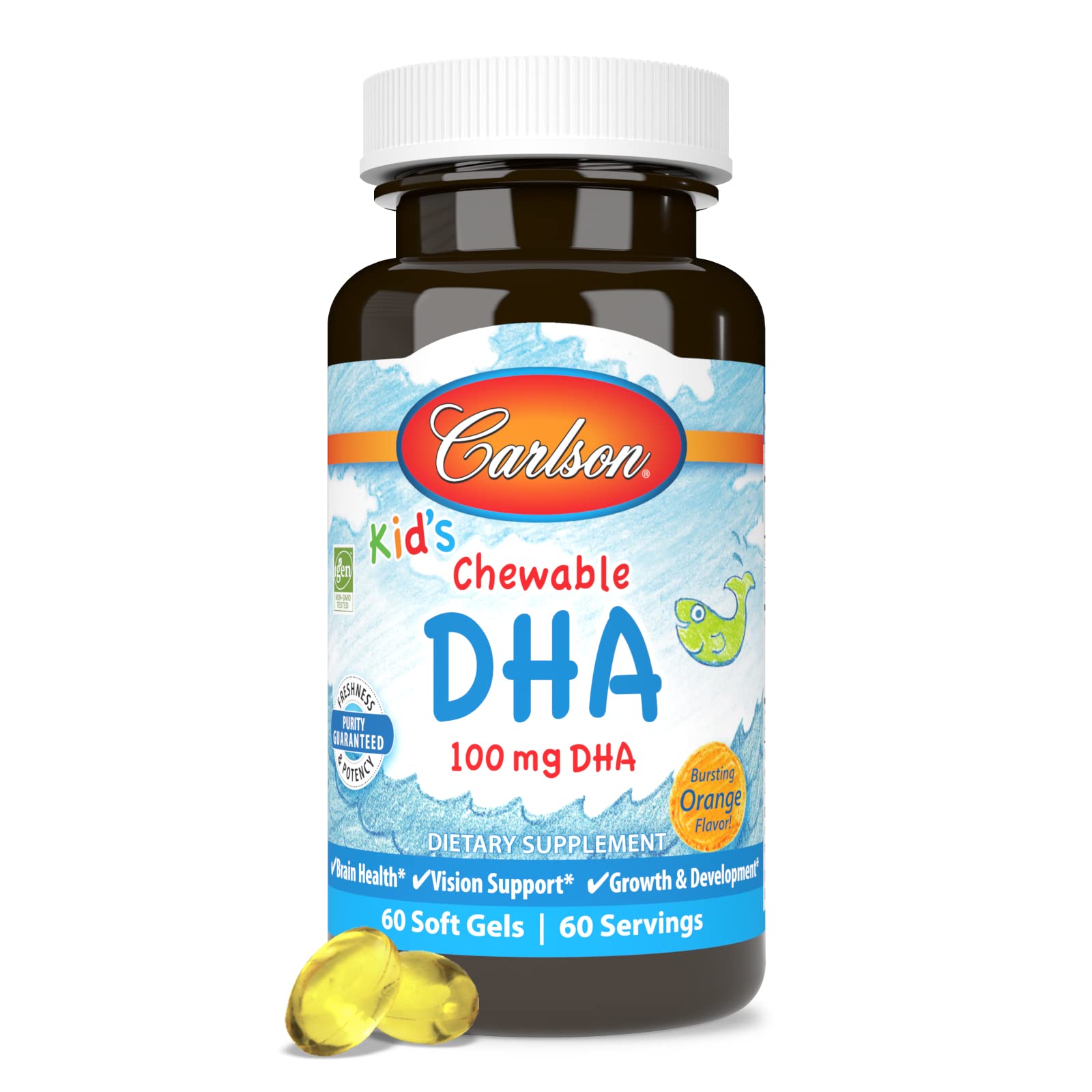 Carlson - Kid's Chewable DHA, 100 mg DHA, Brain & Vision Function, Growth & Development, Orange, 60 Chewable Softgels