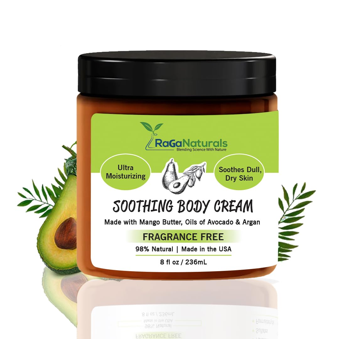 RaGaNaturals Natural Moisturizing Cream - Body & Face Moisturizer for Dry to Very Dry, Sensitive Skin - Unscented Body Cream with Vitamin E & Avocado, Argan Oil - Non-Comedogenic, Fragrance Free -8 Oz