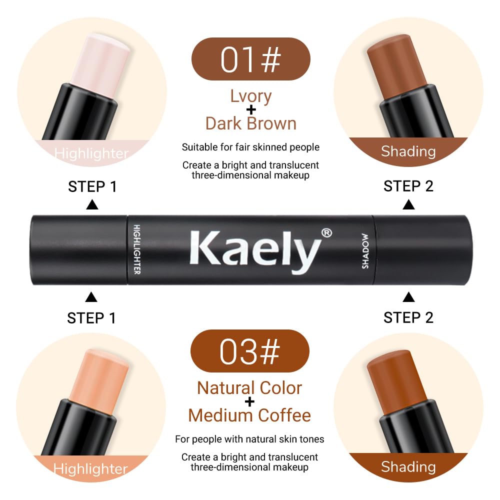 Kaely 4 Color Highlighter Contour Stick,Cream Contour Palette Kit for Beginners,Bronzer Contouring Sticks,contorno maquillaje para mujer en oferta,Concealer Stick Primer Face Makeup Brightener,01+03