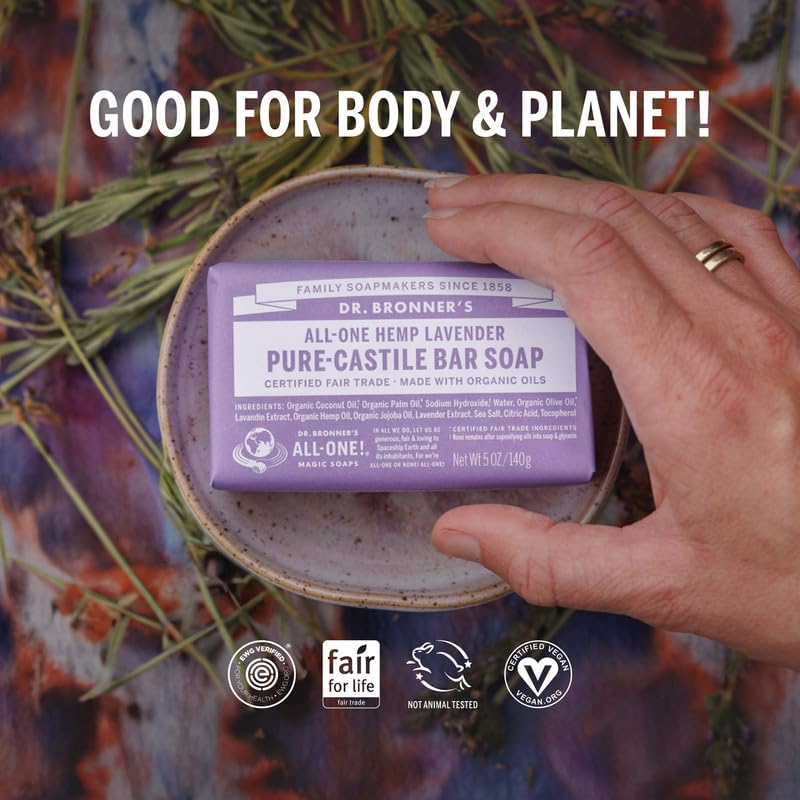 Dr. Bronner's Pure-Castile Magic Soap Bars (Lavender, 5 oz, 6-Pack)- Bath Soap with Regenerative Organic Certified Oils- For Face, Body & Hair - Gentle, Biodegradable, Vegan- Bar Soaps for Men & Women