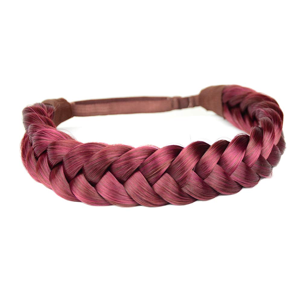 DIGUAN Huge 2 Strands Thick Synthetic Hair Braided Headband Classic Chunky Plaited Braids Elastic Stretch Hairpiece Women Girl Beauty accessory, 4oz (Burgundy)