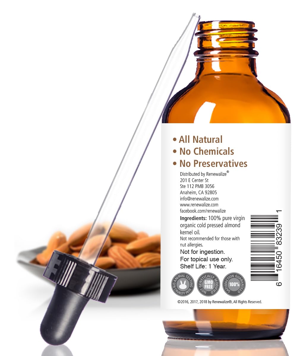 Organic Sweet Almond Oil MOISTURIZER - in 4 oz Glass Bottle with Dropper | Unrefined Cold Pressed Skincare Lotion | Essential Natural Personal Massage Oils for The Skin and Body