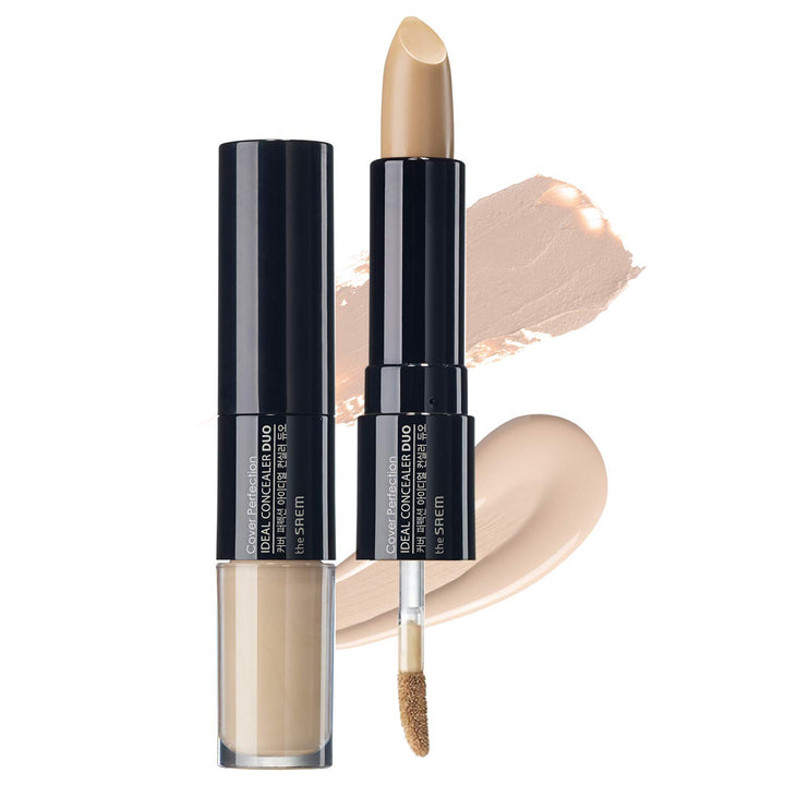 [the SAEM] Cover Perfection Ideal Concealer Duo - 3 Colors (#1 Clear Beige) - Dual Type Strong Coverage Concealer, High Adhesive, No Cluumping in Wrinkles, Sun Protection