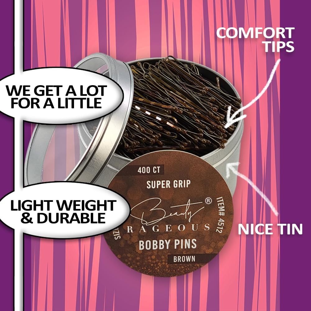 Super Grip Brown Bobby Pins - 400 Ct - Handy Reusable Tin