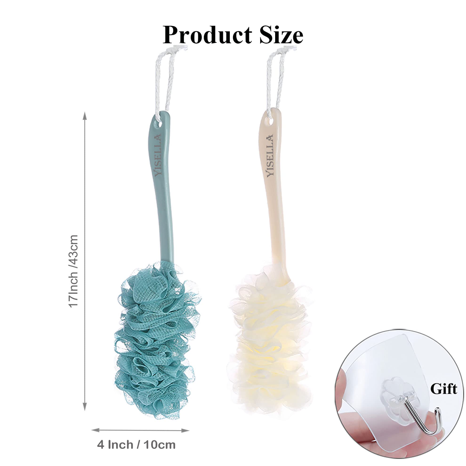 Yisella Shower Brush With Long Handle,Loofah Back Scrubber Blue and White