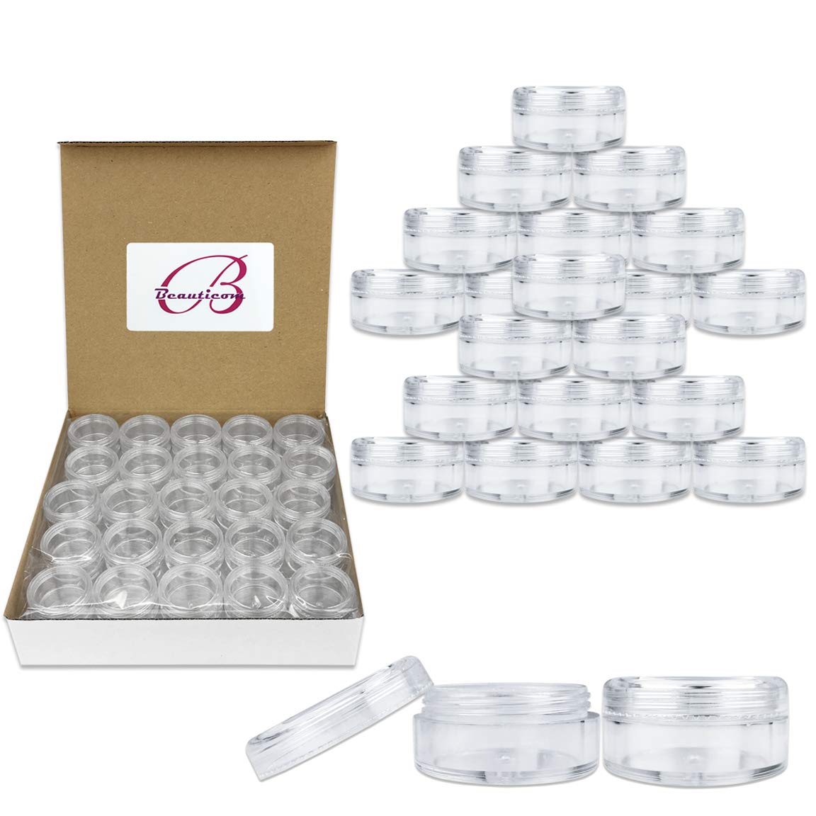(Quantity: 100 Pieces) Beauticom® 5G/5ML High Quality Round Clear Jars with Screw Cap Lids for Scrubs, Oils, Salves, Creams, Lotions - BPA Free