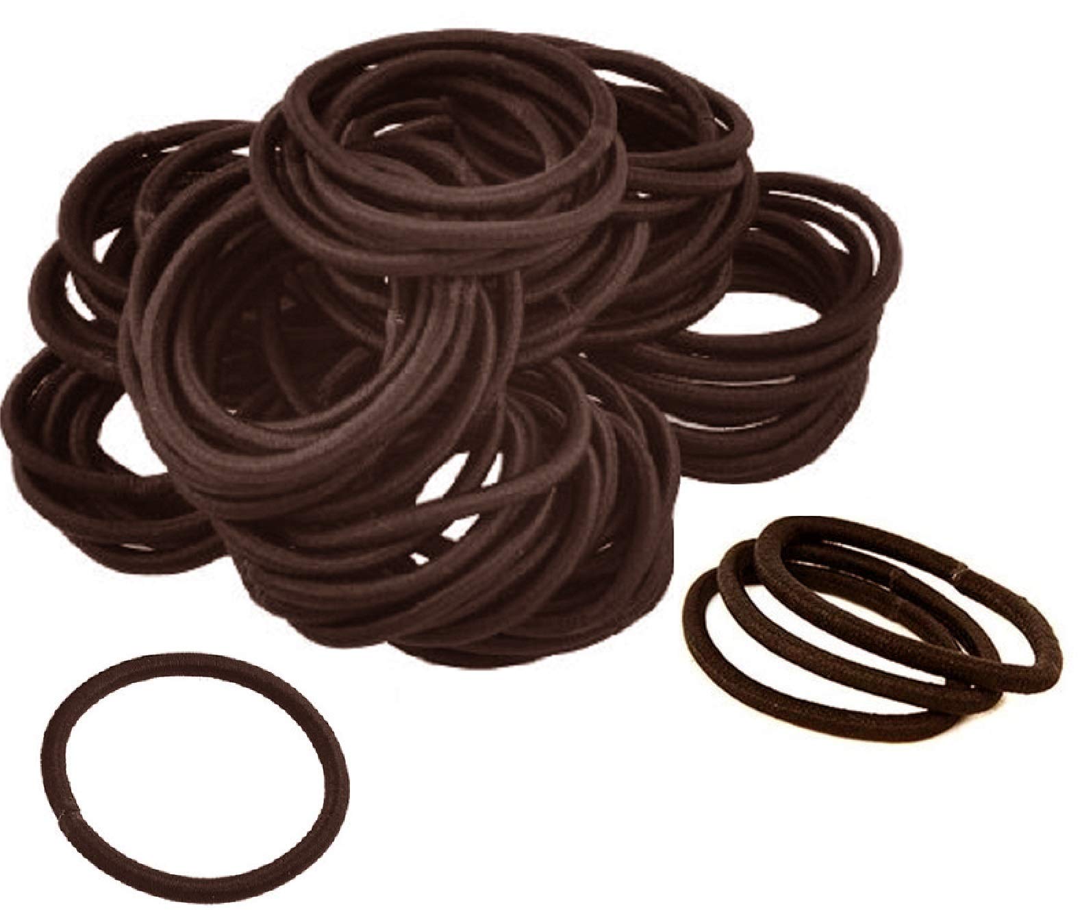 Kenz Laurenz 100 Hair Elastics Hair Ties No Crease Ouchless Ponytail Holders No Metal 4mm (100 Hair Elastics--Brown)