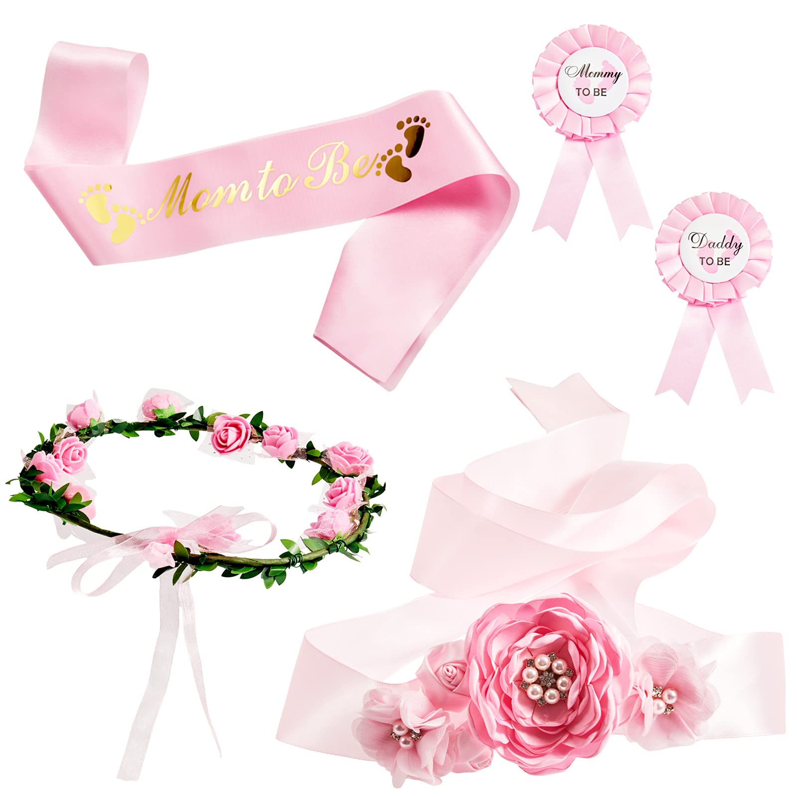 Xinnun 5 Pcs Baby Shower Maternity Sash Kit Shoulder Sash and Pin Daddy Corsages Flower Crown Pregnancy Sash Rose Wreath Headdress for Baby Shower Pregnancy Parents Prop Present Party Favor(Pink)