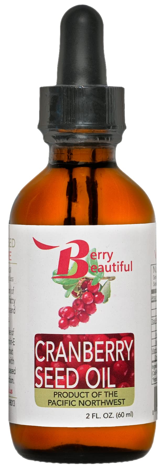Cranberry Seed Oil - 2 Fl Oz (60 ml) Glass Bottle w/dropper - virgin, unrefined and cold-pressed by Berry Beautiful from US grown cranberry seed