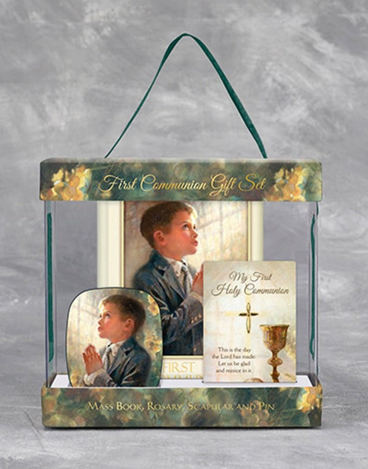 First Communion Kit Gift Set with Mass Book Lapel Pin and Rosary for Boys