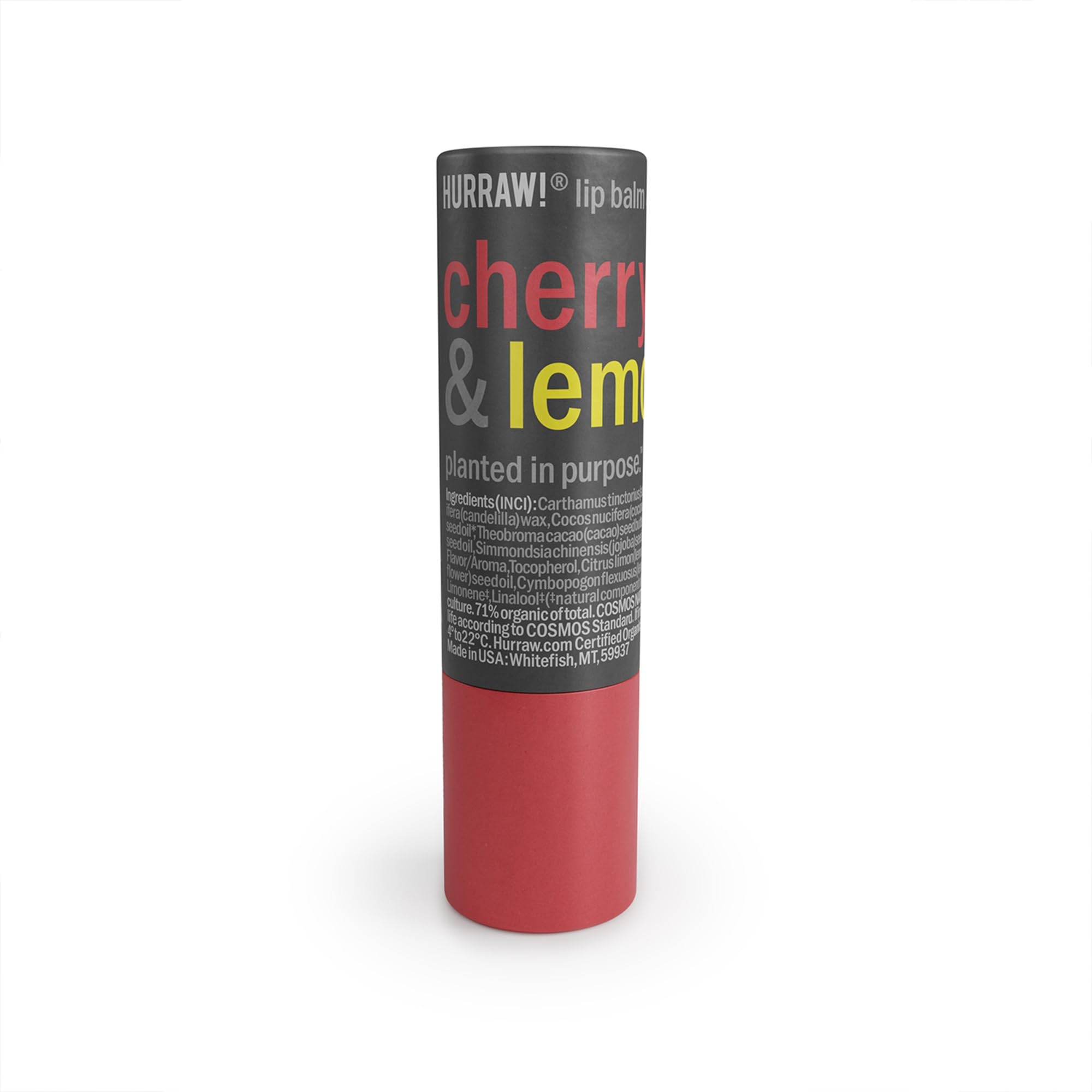 Hurraw! Cherry & Lemon Lip Balm: Plastic-Free with new cardboard push-up tube. Certified Organic, 100% Natural Origin, Vegan, and Cruelty Free. Gluten Free. Bee, Shea, Soy and Palm Free. Made in USA