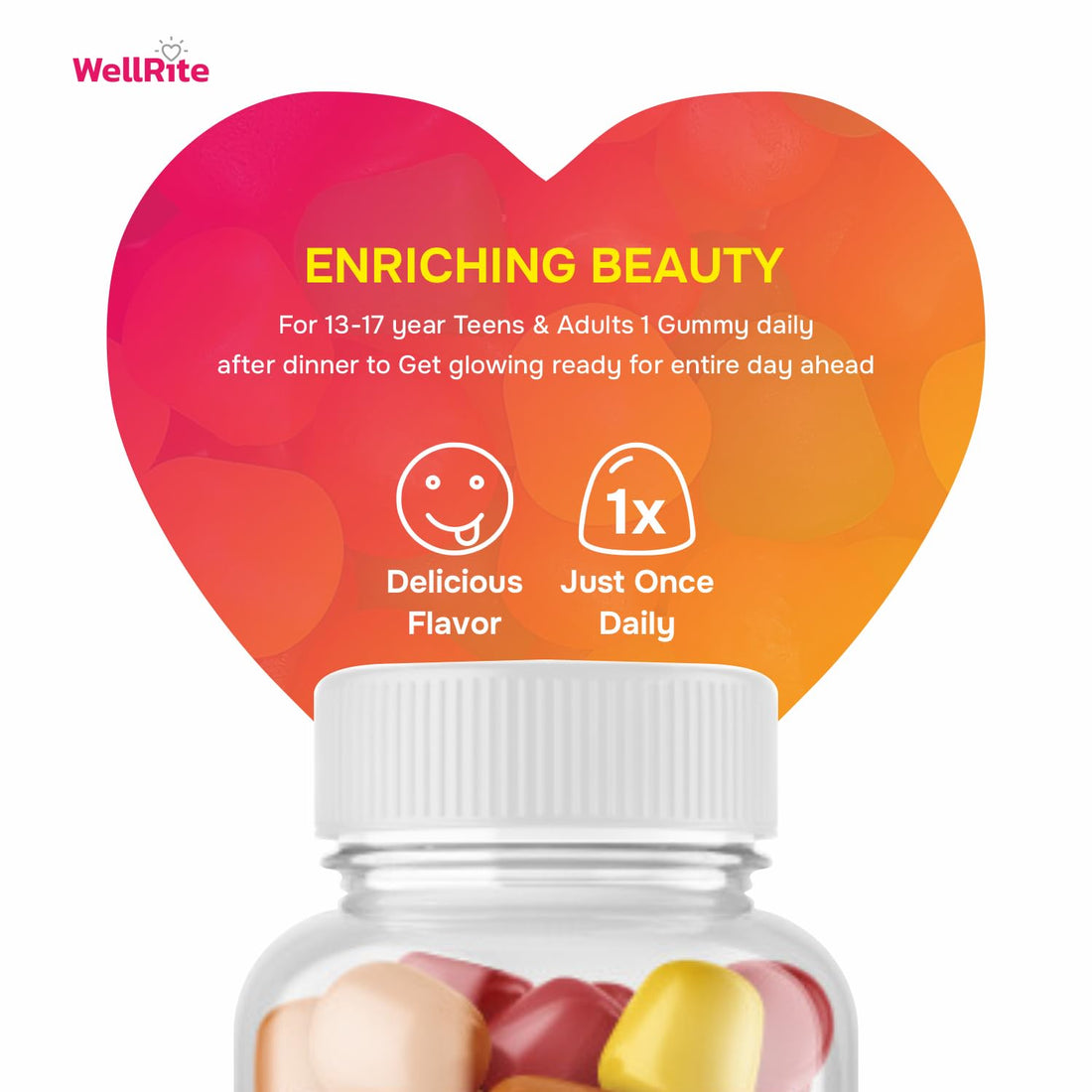 Wellrite Hair, Skin & Nail Gummy Vitamins, 60 Count, Strawberry Flavored, Vegan, Gelatin Free, Gluten Free, Nut Free, Long Hair, Shiny Skin, Healthy Nails, Cell Growth & Repair