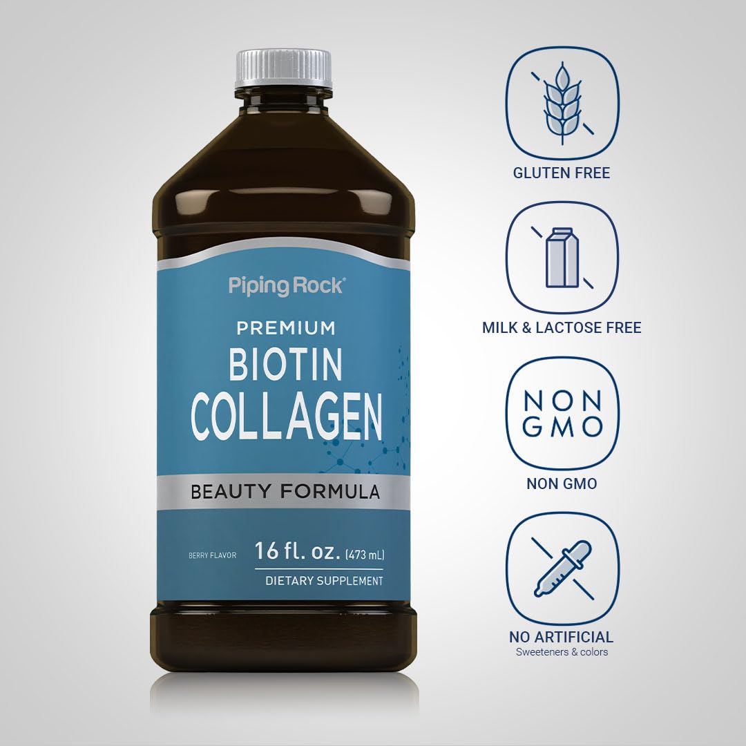 Piping Rock Liquid Collagen and Biotin 16 fl oz | Premium Beauty Formula Supplement | Type 1 and 3 | Berry Flavor | Non-GMO and Gluten Free
