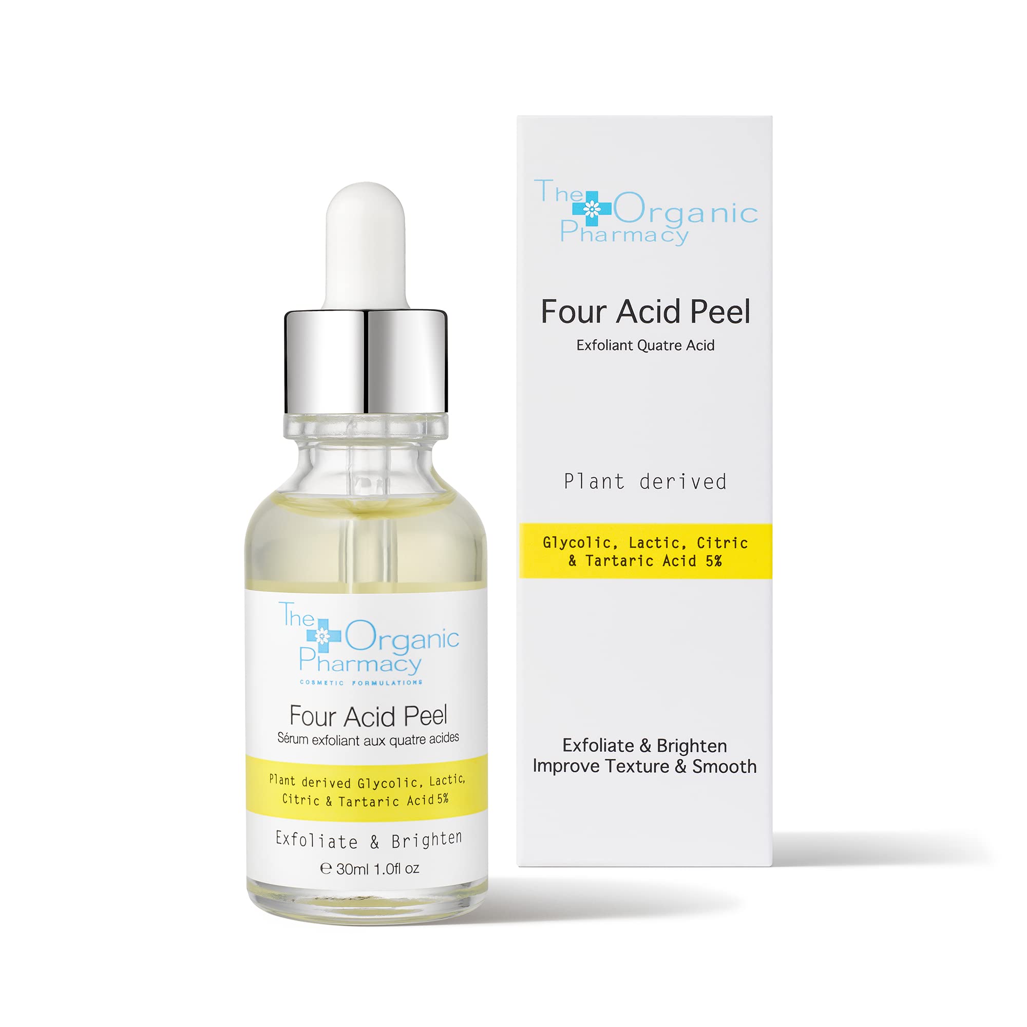 The Organic Pharmacy Four Acid Peel, Gentle Exfoliator Derived from Natural Ingredients, Reduces Blemishes and Acne, Use Nightly, 30mL