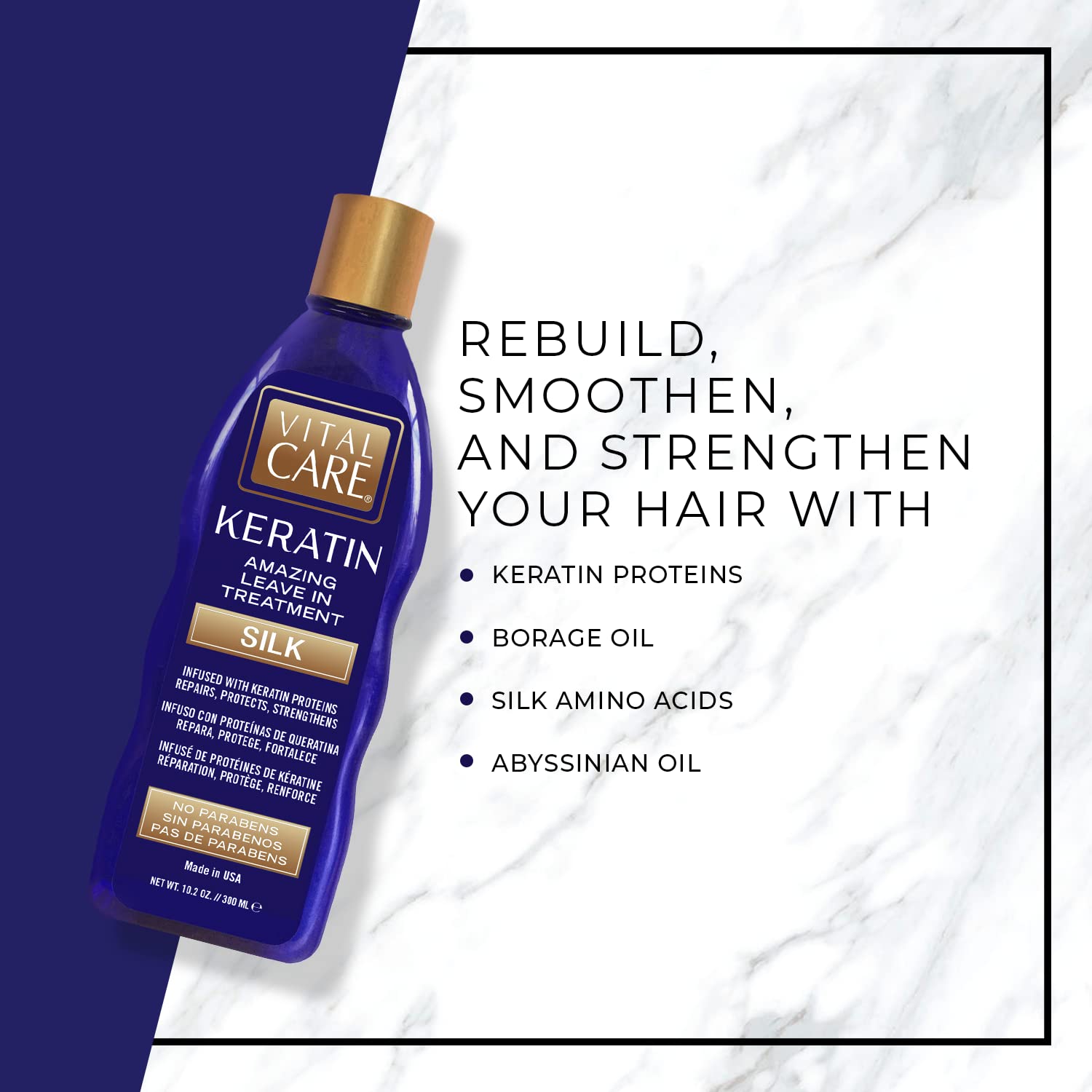 Vital Care Keratin Amazing Leave-In Treatment Silk - Gentle Keratin Complex Hair Treatment is Non-Stripping for Daily Use, Hydrating & Repairing - Abyssinian, Avocado & Sunflower Seed Oil