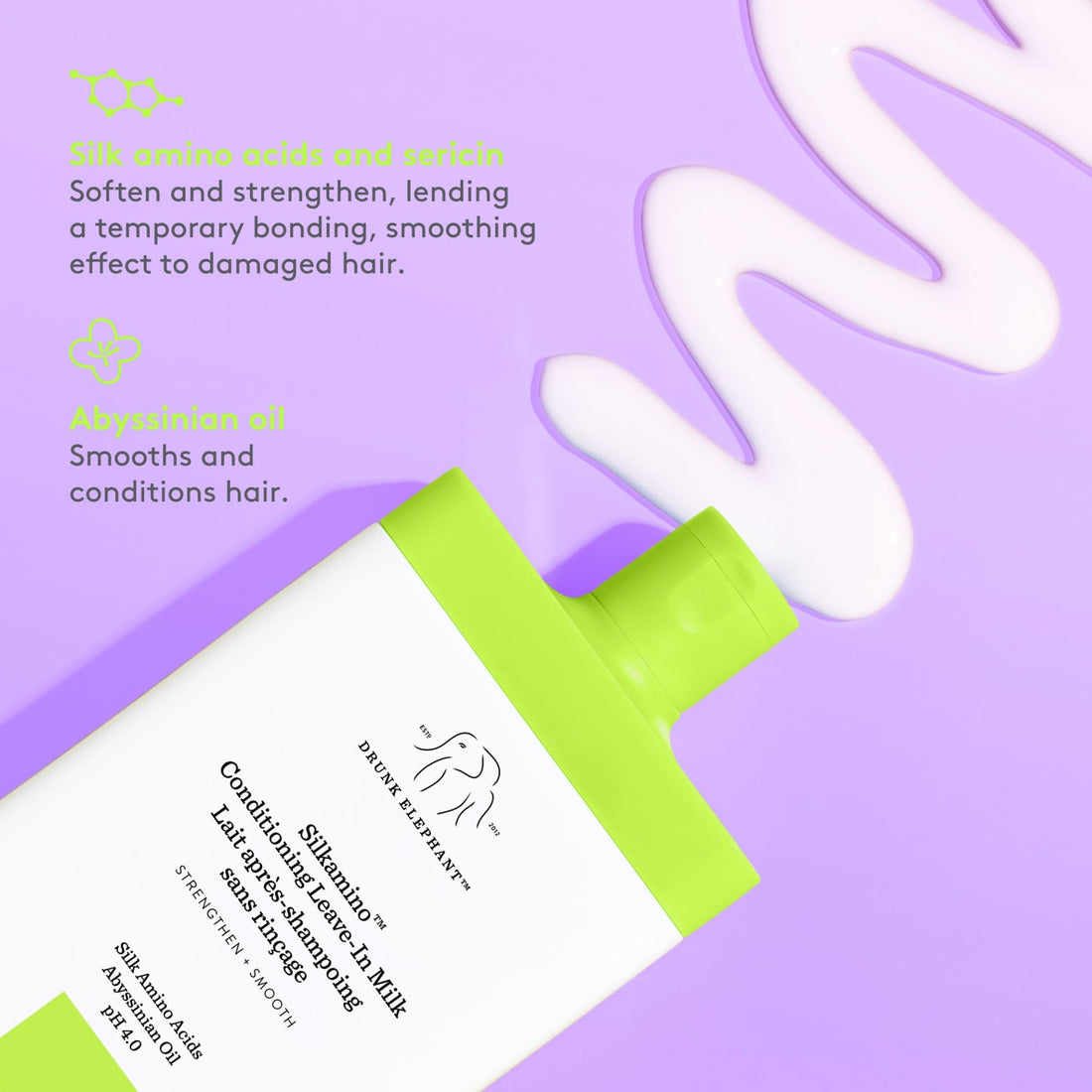 Drunk Elephant Silkamino Conditioning Leave-In Milk - 240 ml/8 fl oz - Silk Amino Acids - Clean Clinical - Cruelty-Free - Dermatologist-Tested - Free of Essential Oils, Silicones, and SLS