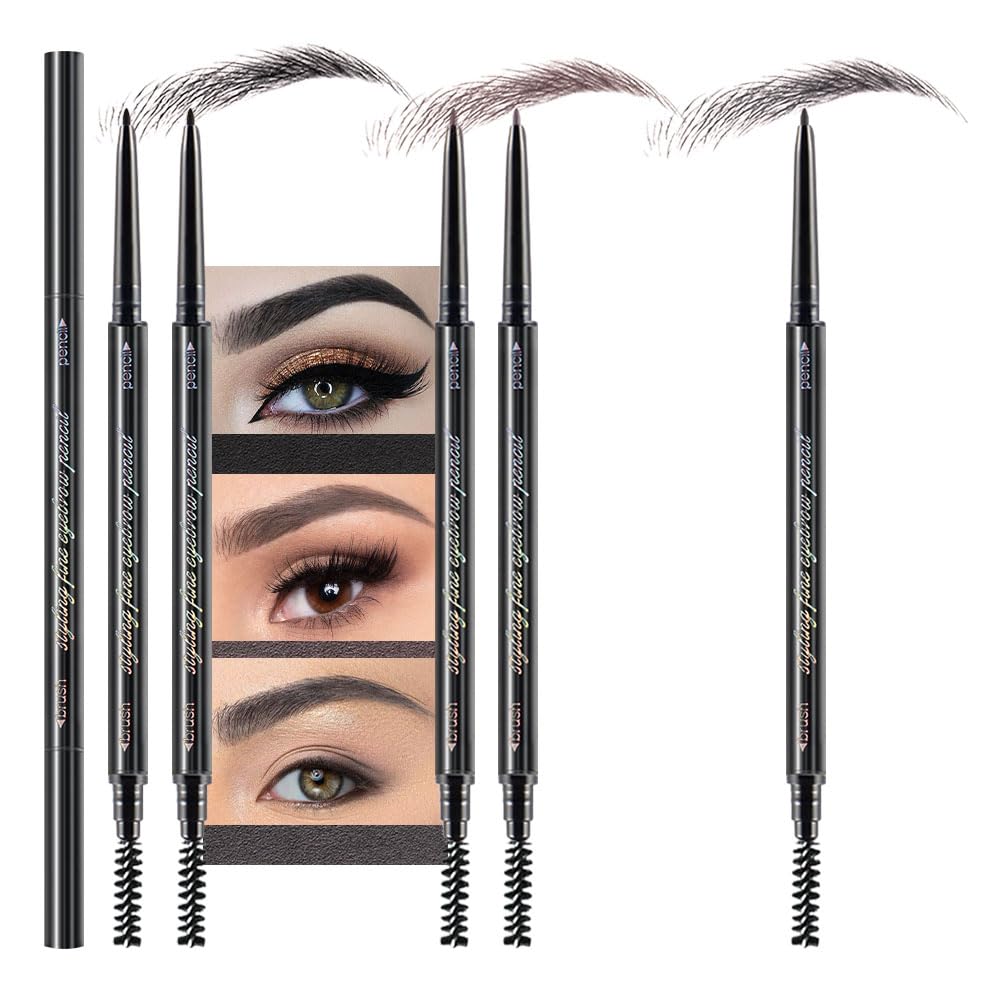 5 Pcs Dual-Sided Auto-rotate Ultra-Fine Tip Eye Brow Pencils Pack, Draws Tiny Precise Brow Makeup, Hairs, Defines, Fills Brows, Shapes, Contours, Combs, 1mm Pen Point (2*Black+2*Milk tea+Gray)