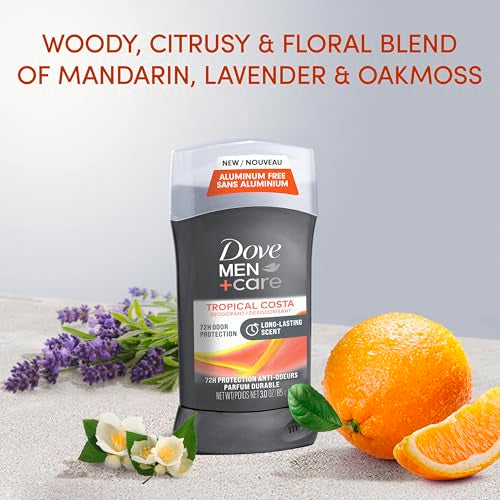 Dove Men+Care Aluminum-Free Deodorant Tropical Costa 4 Count for a Long-Lasting Scent, with 72H Odor Protection, 3.0 oz