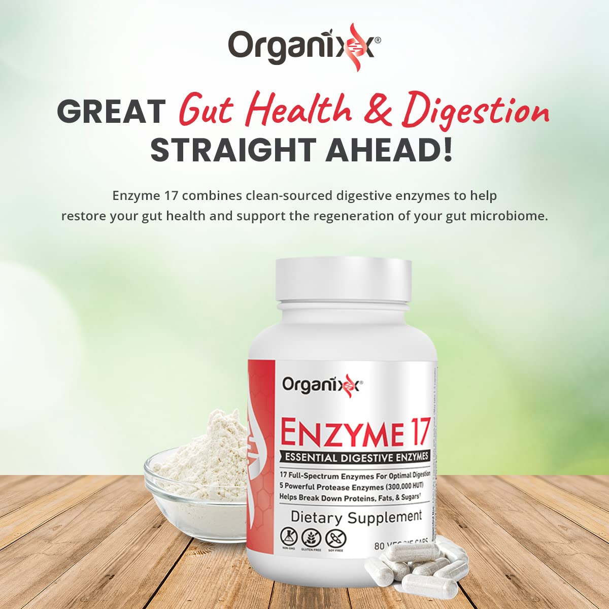 Organixx Enzyme 17 Essential Digestive Enzymes for Women & Men, For Gut Health & Optimal Digestive Health, Support for Bloating, Gas, Nutrient Absorption & Immunity, Vegan, Non GMO, 80 Veggie Capsules