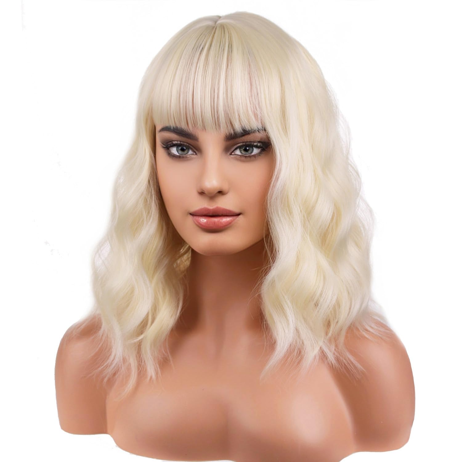 RightOn 14'' Short Curly Women Girl's Charming Synthetic Wig with Air Bangs Wig Cap Included (Light Blonde)