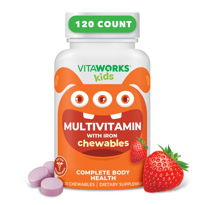 VitaWorks Kids Multivitamin with Iron & Minerals Chewable Tablets - Mixed Fruit Flavor - Vegetarian, GMO-Free, Nut Free - Dietary Supplement - Digestive Support for Children - 120 Chewables,