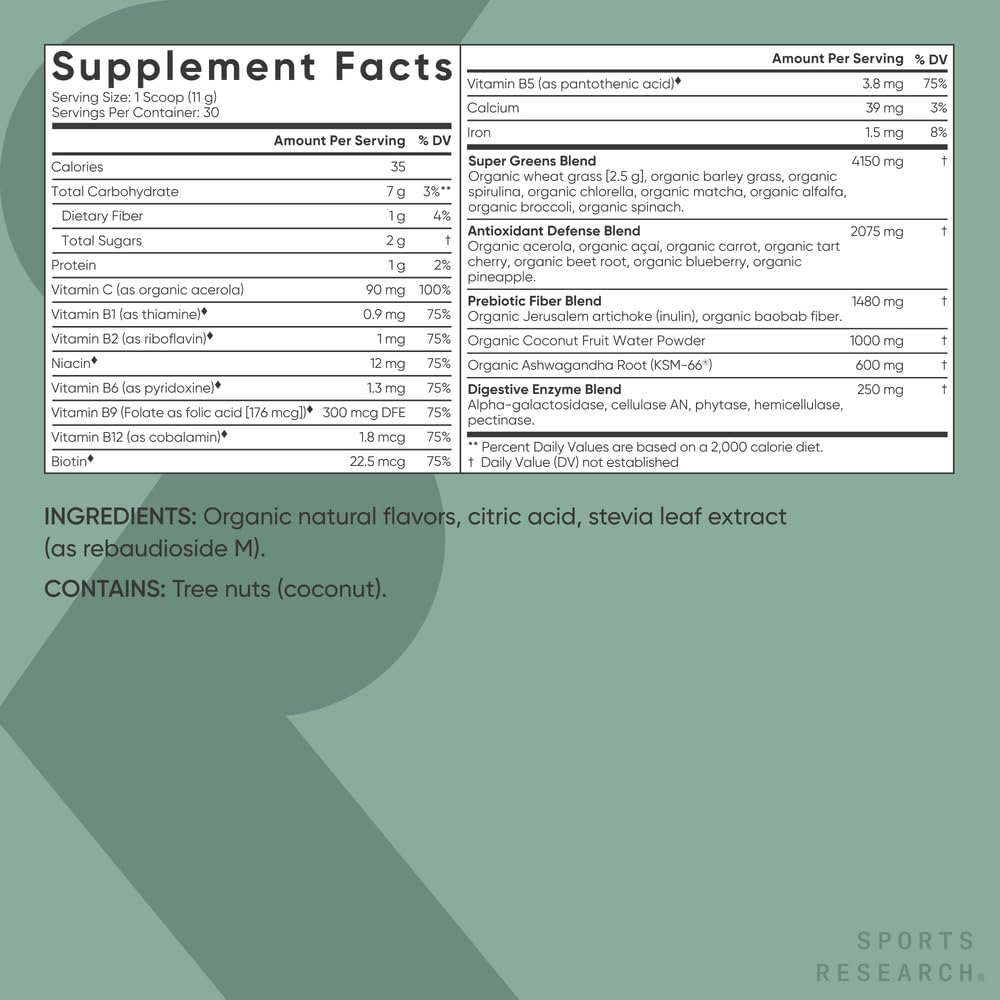 Sports Research® Organic Greens Superfood Powder w/Spirulina & Chlorella, Adaptogens, Enzymes, Probiotics & 8 VIT Bs for Gut & Mood Support* - Vegan, Sugar-Free & Low-Cal Pineapple Coconut 30