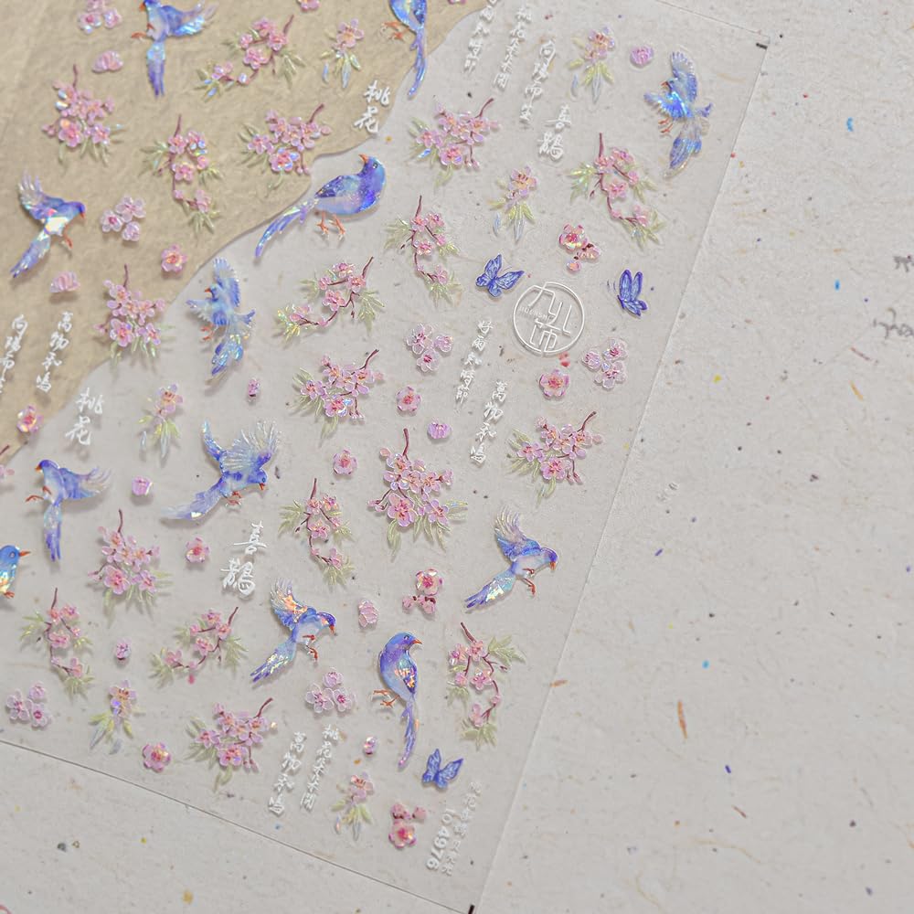 2Sheets Decorative Nail Art Stickers, Blue Birds and Pink Flowers Design, Holographic Vase Pattern (Vases Flowers)