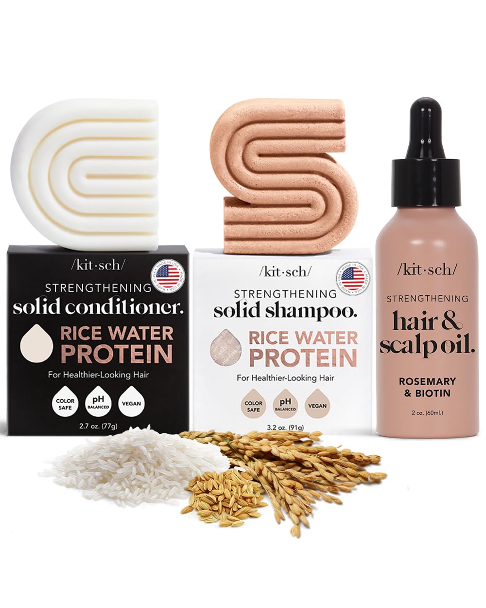 Kitsch Rice Shampoo & Conditioner Bar, Pre-Wash Scalp Serum - Rice Water for Strengthening Hair, Rosemary for Healthy Scalp, Paraben-Free 3pc Set
