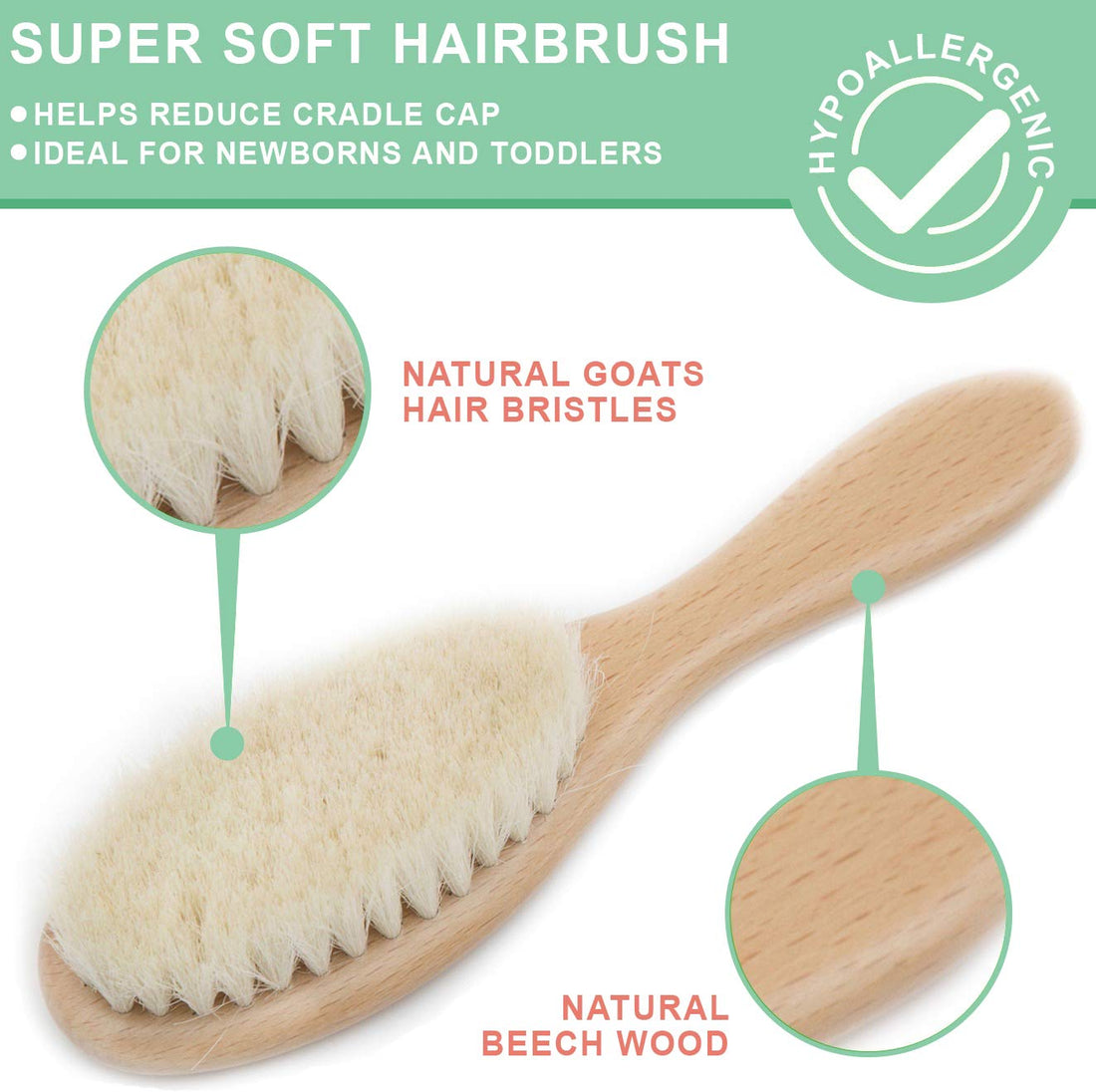 Wooden Hair Brush and Comb Set (4-Piece) for Newborns and Toddlers | Ideal for Cradle Cap | Massage and Scalp Bristles | Perfect Baby Registry Gift