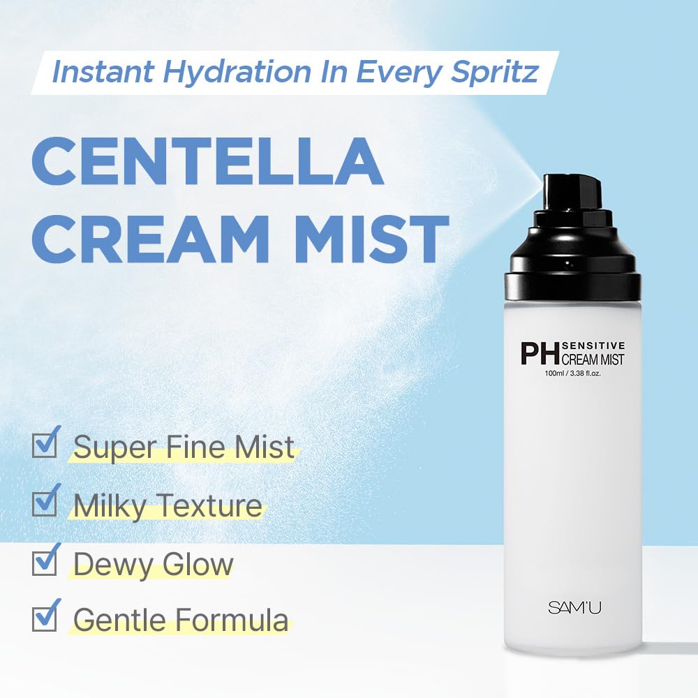 SAM'U PH Sensitive Cream Mist, Centella Face Mist, Hypoallergenic Facial Spray with Hyaluronic Acid & Ceramide, Hydrating & Quick Absorbing, Korean Skin Care for Dry & Sensitive Skin, 3.38 Fl. Oz