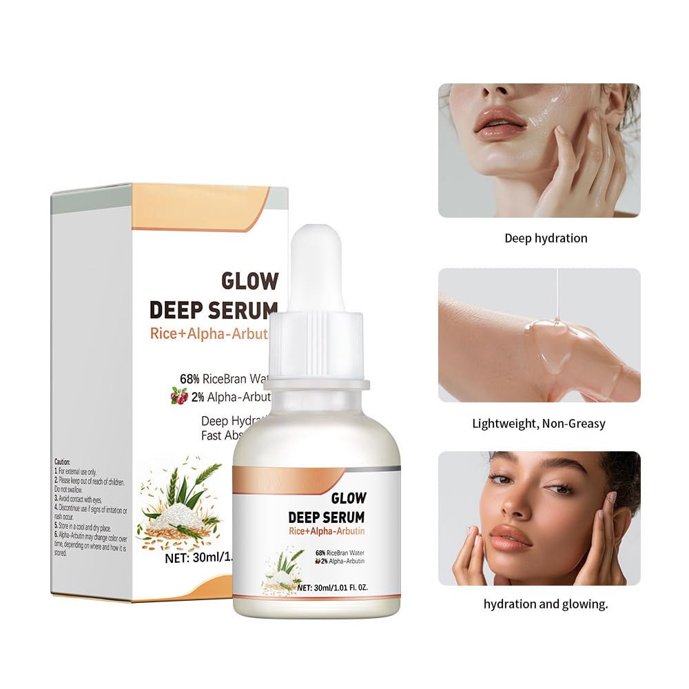 Glow Deep Serum, 68% Rice Bran Water, 2% Alpha-Arbutin, Hydrating Facial Soothing Serum, Deep Moisturizing, Fast absorption, Even Tone