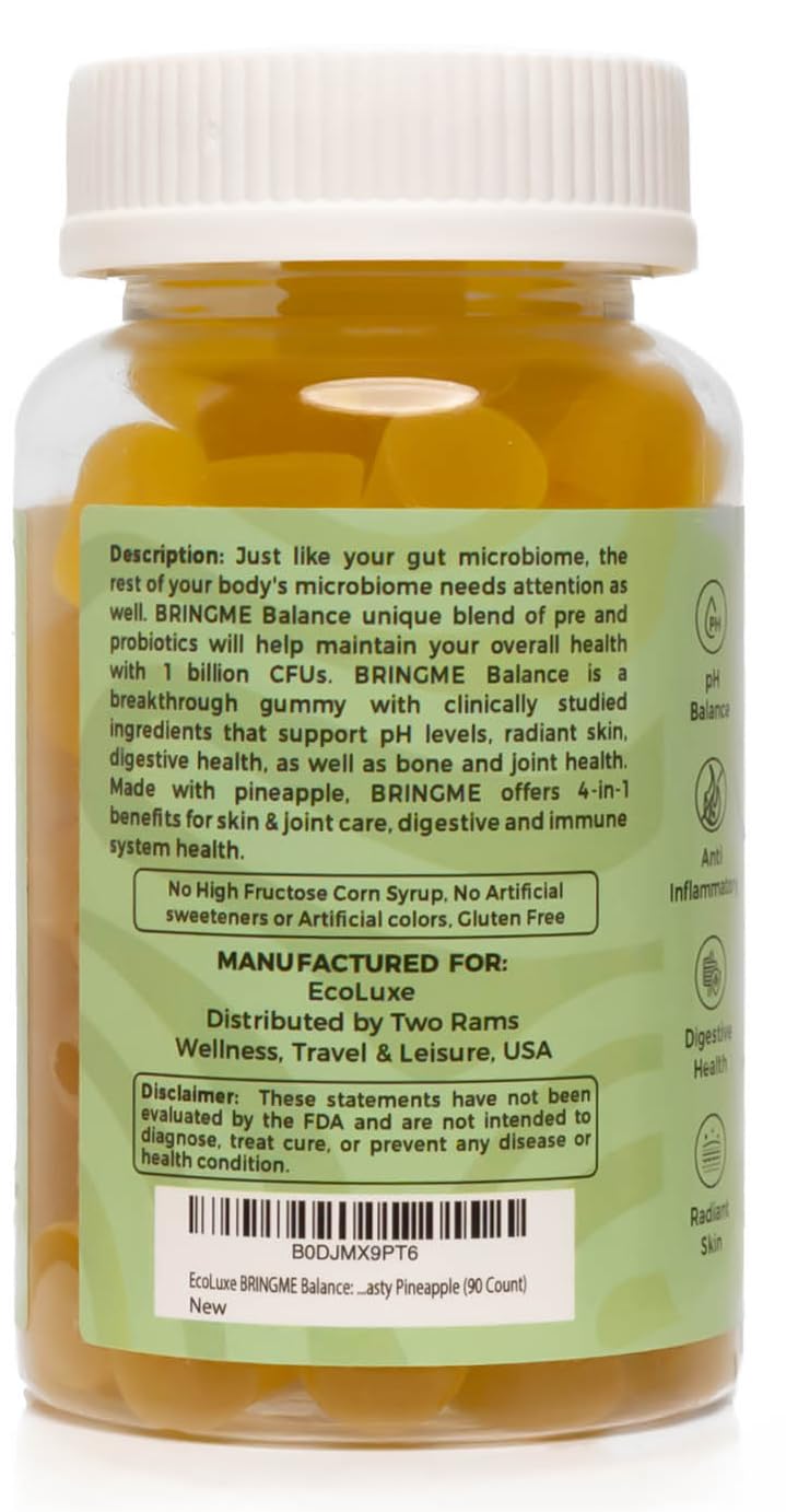 EcoLuxe BRINGME Balance: Pre & Probiotic, Collagen Gummies - Balanced pH, Healthy Odor, Radiant Skin, & Digestive Health, All Natural Ingredients & Low Sugar - Tasty Pineapple (90 Count)