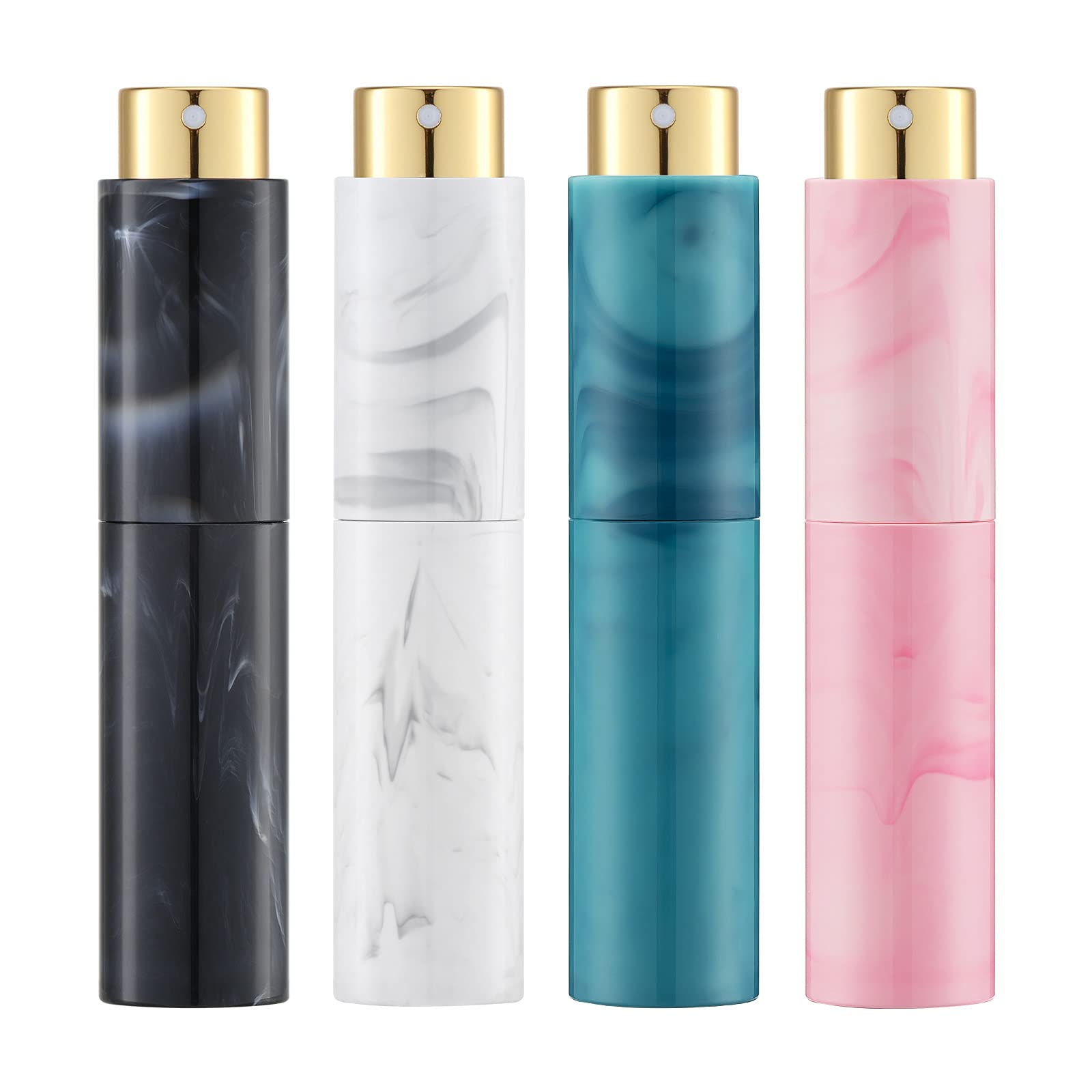 10ML Perfume Atomizer Travel (4 PCS), Refillable Cologne Containers, Dispenser Spray Empty Bottle for Mini Sprayer Size (Black&Pink&White&Blue, Marble)
