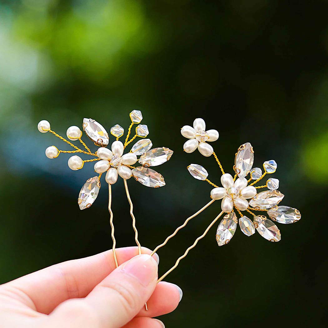 Catery Flower Bride Wedding Hair Pins Crystal Pearl Hair Set Jewelry Headpieces Bridal Decorative Hair Accessories for Women Pack of 2 (Gold)