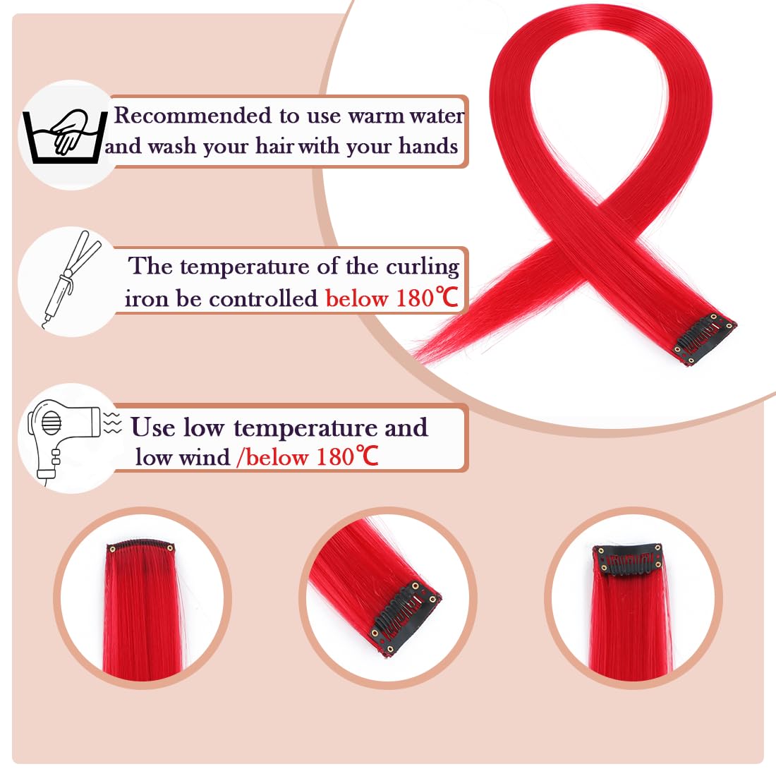 12 Pcs Red hair extensions 22 Inch Straight colored hair colorful clip in extensions Highlight Party for Kids Girls and Women Gift(Red,21)