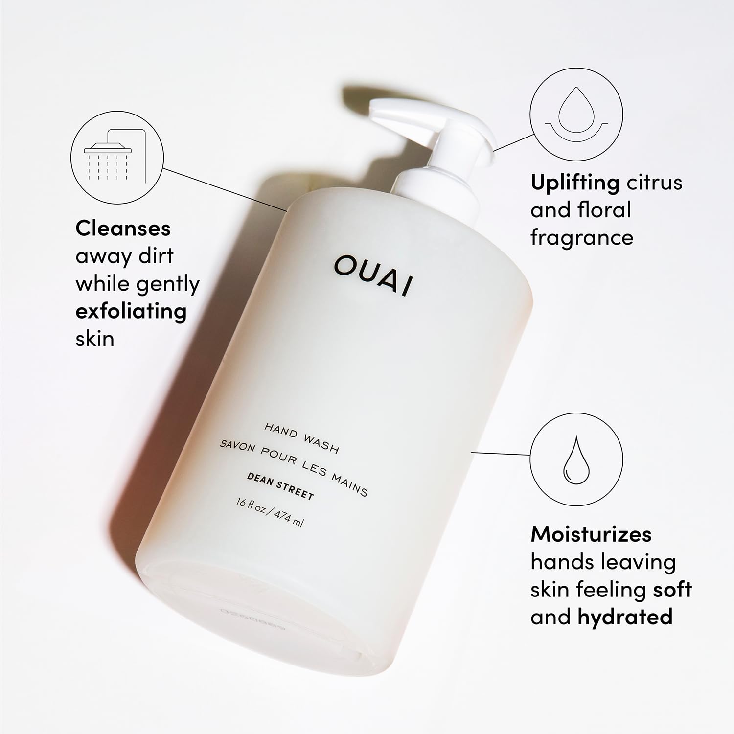 OUAI Hand Wash - Liquid Hand Soap with Jojoba, Avocado, & Rose Hip Oil for Replenished Skin - Gentle Exfoliating Bathroom + Kitchen Hand Soap (16 Fl Oz)