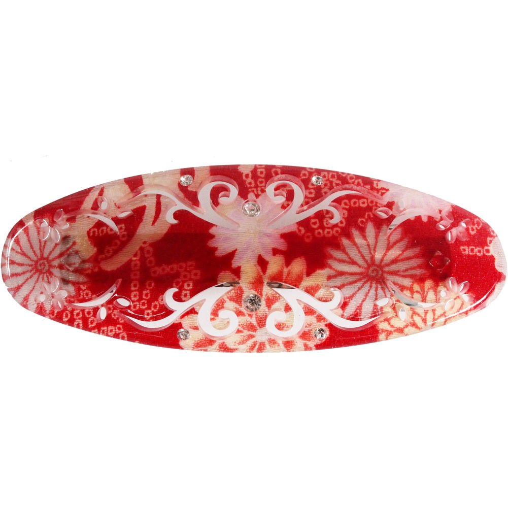 Cocoluck Red: Japanese Oval Chirimen Barette Hair Clip/Clasp With Rhinestones (Red)