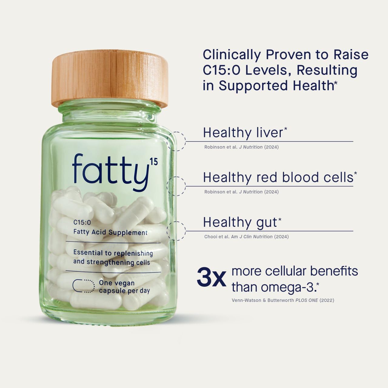 Fatty15 Pure C15:0 Pentadecanoic Acid Supplement - 3X Cellular Benefits of Omega-3 - Longevity Supplement - Supports Gut & Liver Health - Vegan-Friendly Capsule 90 Count