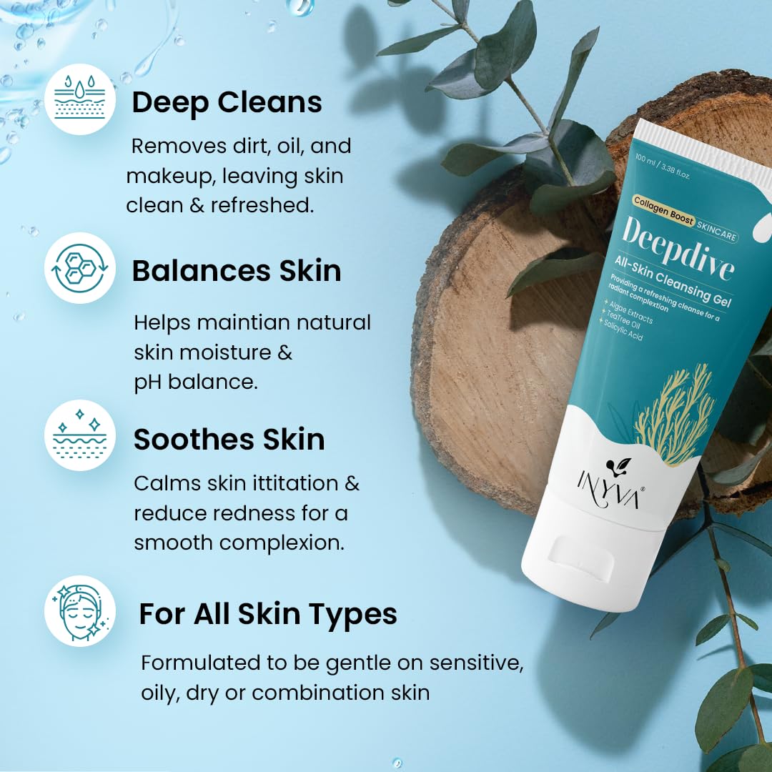 INYVA Skincare Deepdive Cleansing Gel with Salicylic Acid, Tea Tree Oil,Algae Extract - Deep Cleansing, Makeup Removal, Acne Control & Pore Unclogging Solution - Oil Free Face Wash - 3.38 Oz